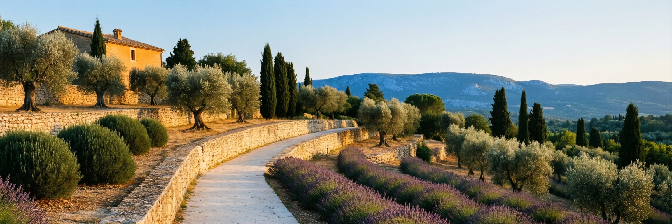 Restanques plantées d’oliviers et de lavandes dominant une vallée provençale
