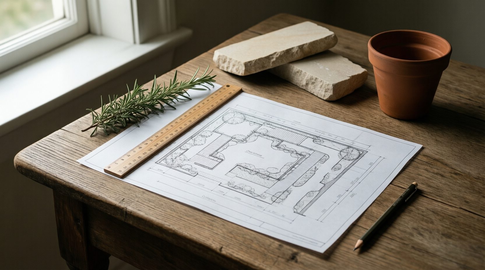 Table de travail de paysagiste avec plan de jardin et échantillons de pierre
