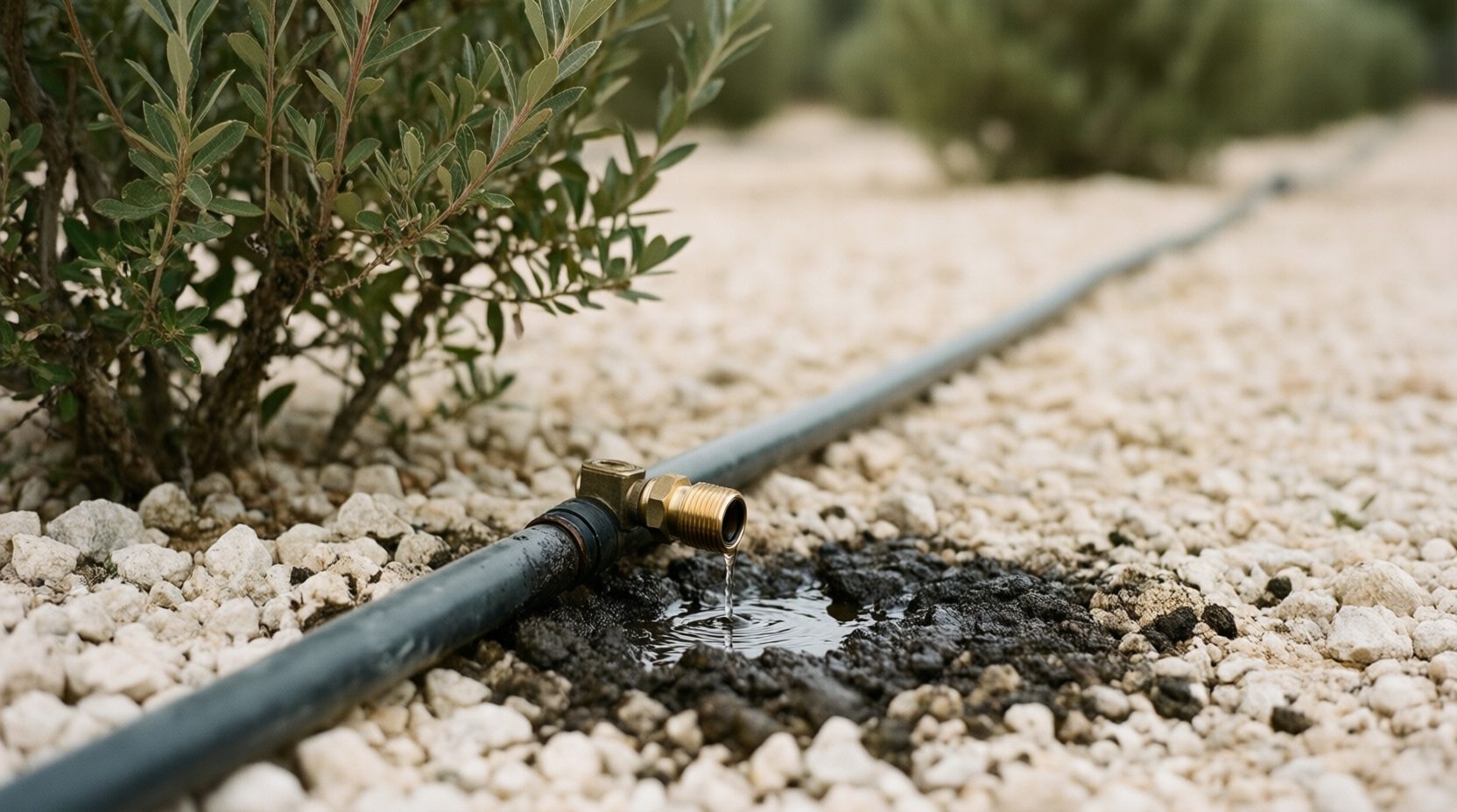 Détail d’un système d’arrosage goutte-à-goutte dans un massif paillé