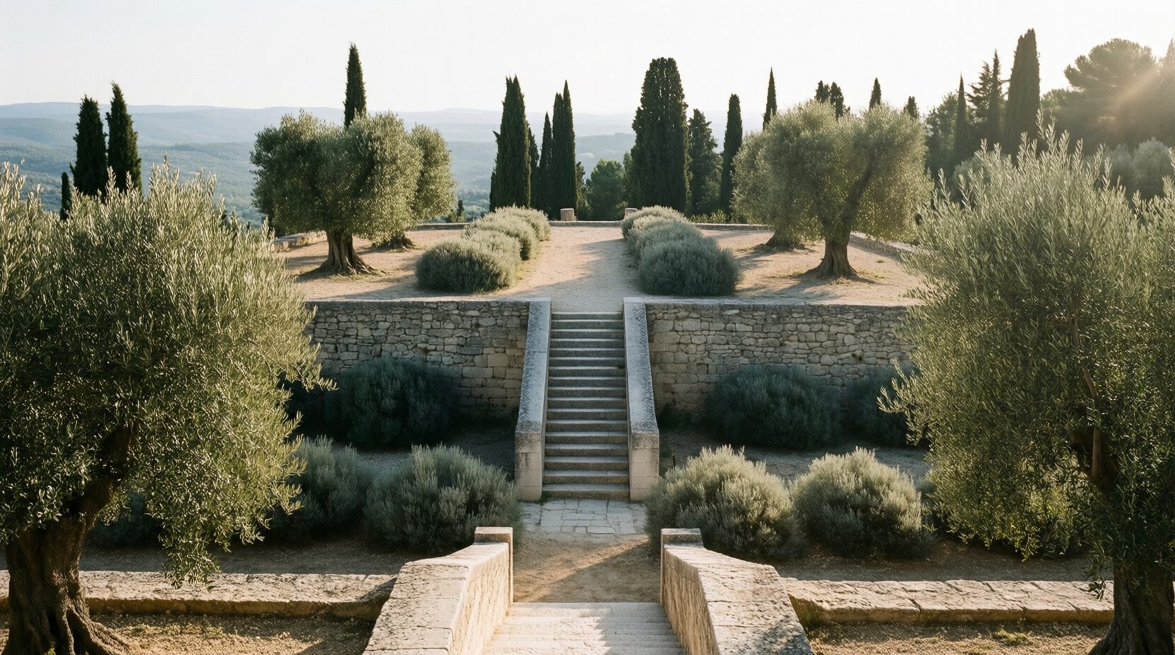 Vue d’ensemble d’un jardin en restanques dominant la vallée