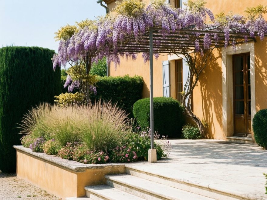 Terrasse en pierre calcaire et pergola végétalisée à Aix-en-Provence