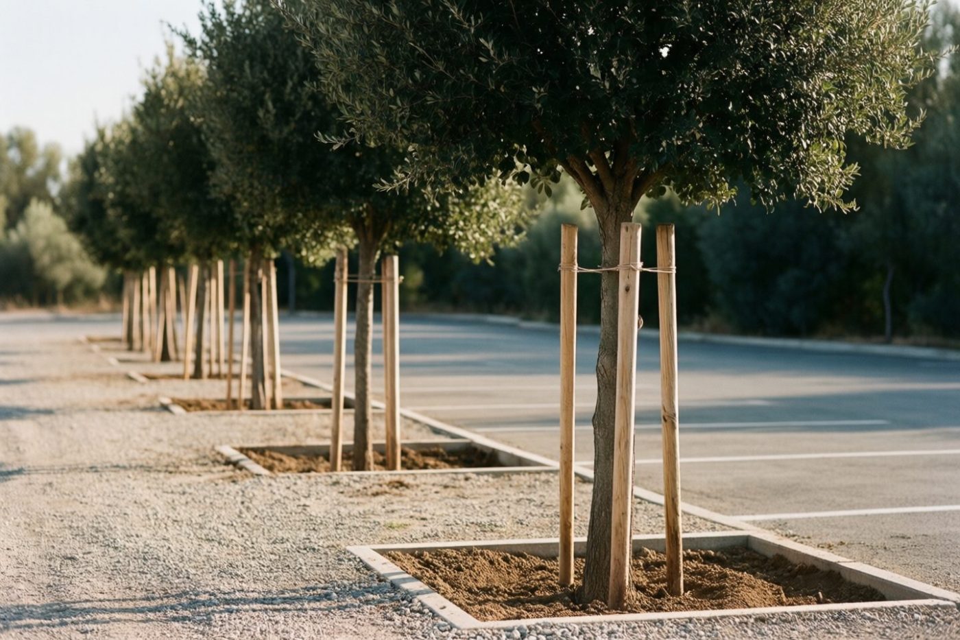 Jeunes arbres d’ombrage plantés sur le parking