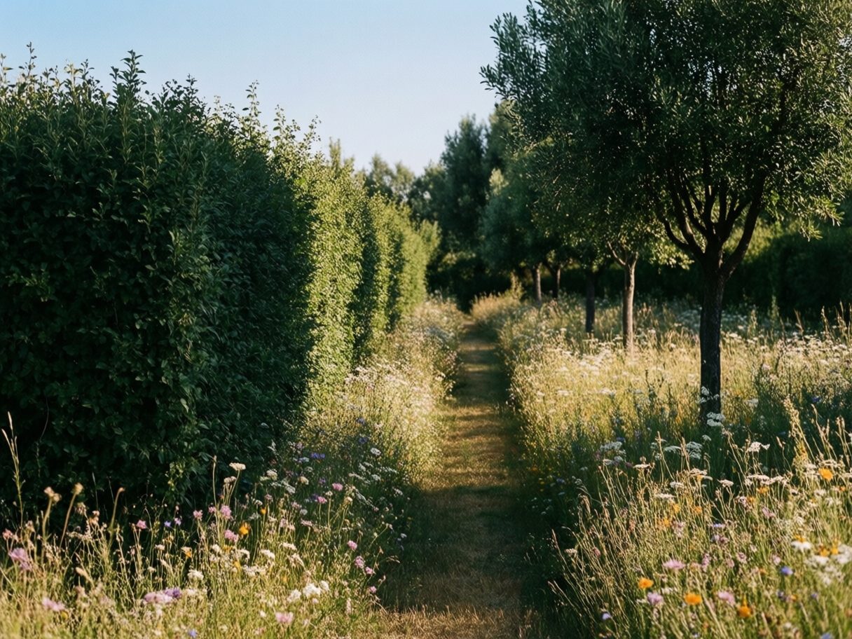 Abords de résidence plantés de haies libres et de prairie
