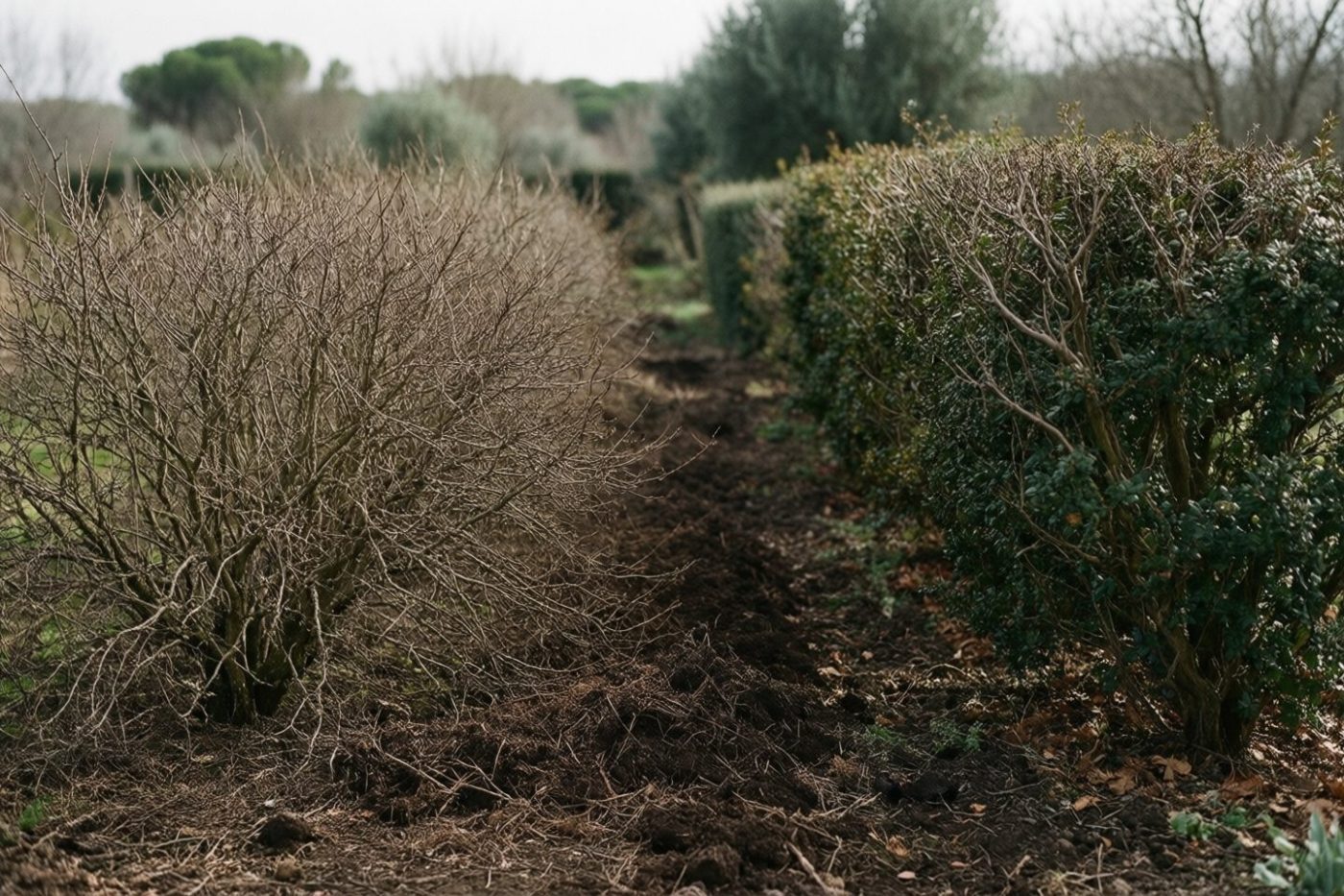 Massif dégagé et paillé après remise en état