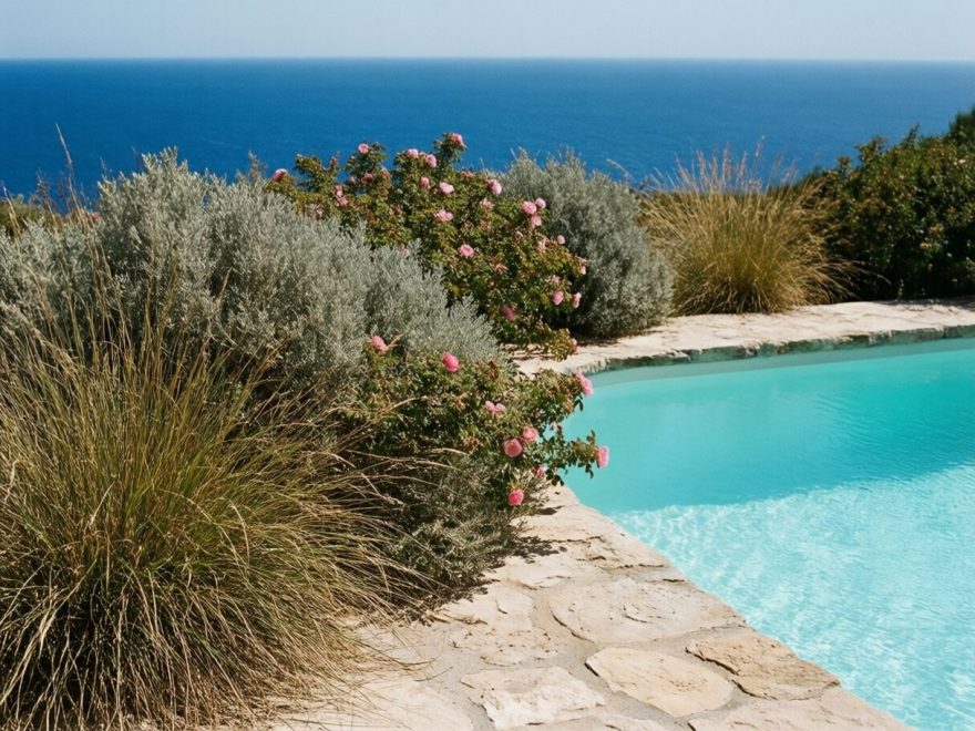 Jardin sec autour d’une piscine, plage en pierre naturelle