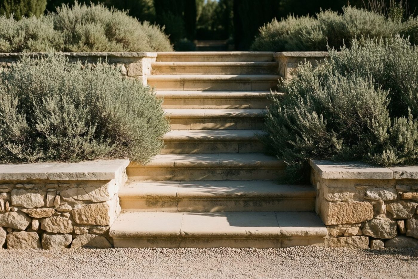 Escalier de pierre reliant deux restanques plantées