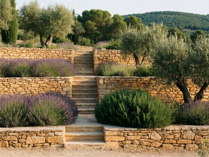 Jardin en restanques à Gémenos, murets de pierre sèche et oliviers