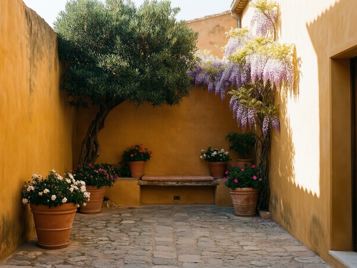 Cour méditerranéenne aménagée entre deux murs, jardinières maçonnées