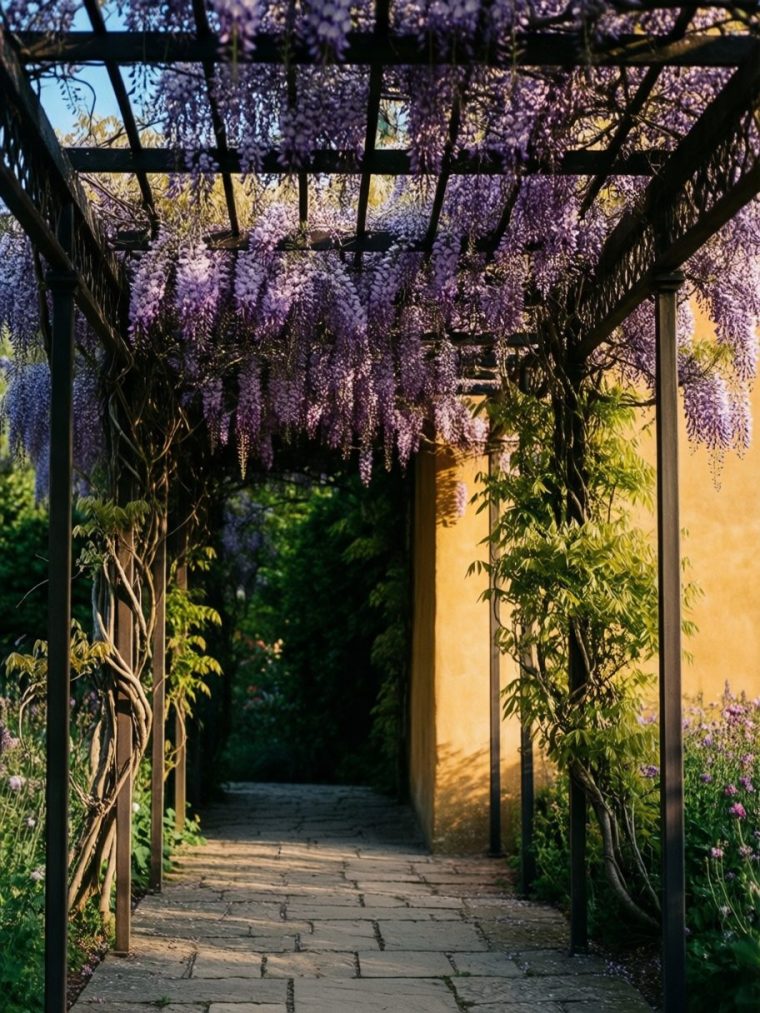 Pergola couverte de glycine en fleurs au-dessus d’une terrasse