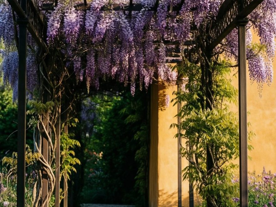 Pergola couverte de glycine en fleurs au-dessus d’une terrasse