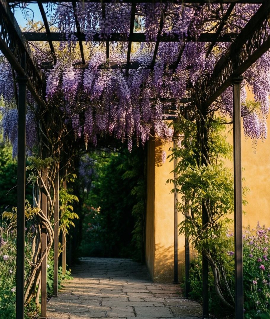 Pergola couverte de glycine en fleurs au-dessus d’une terrasse