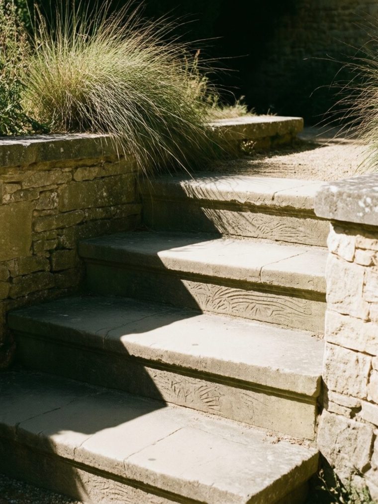 Escalier extérieur en pierre reliant deux niveaux de jardin