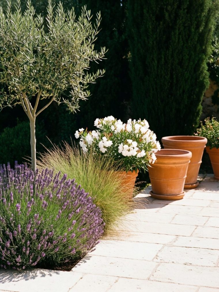 Jardin fleuri nouvellement créé autour d’une terrasse