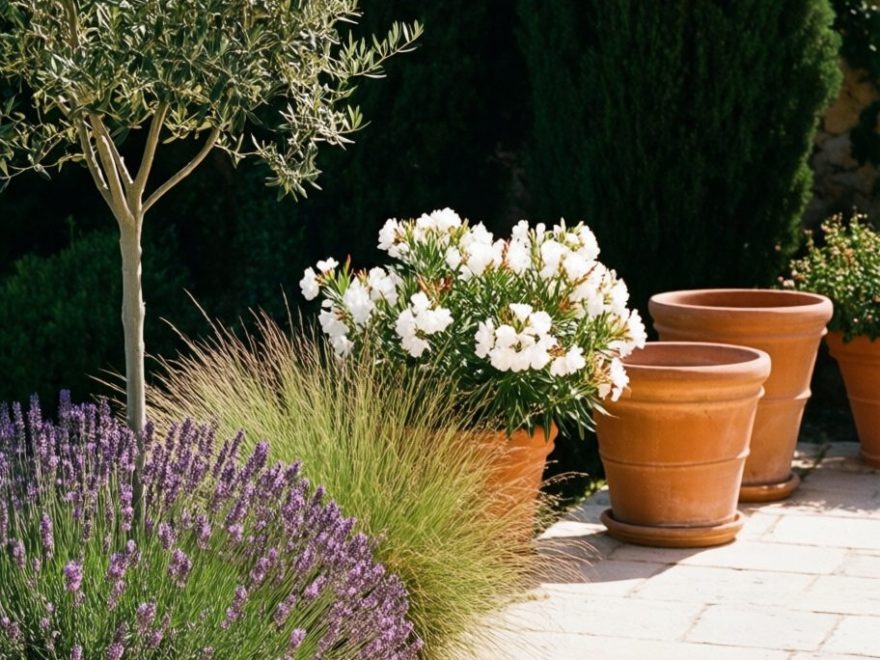 Jardin fleuri nouvellement créé autour d’une terrasse