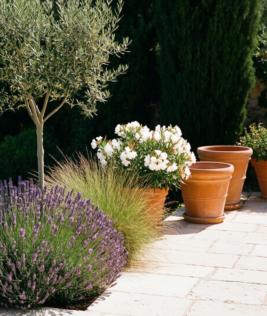 Jardin fleuri nouvellement créé autour d’une terrasse