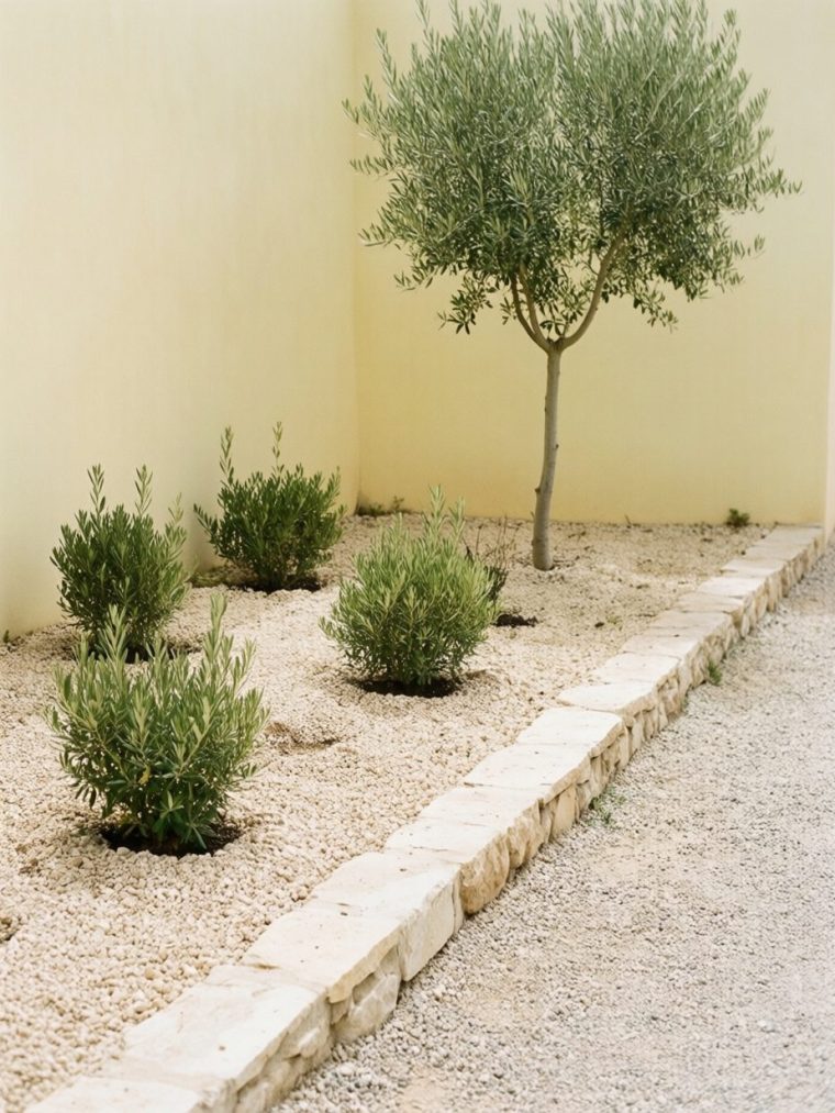 Jeune jardin méditerranéen quelques mois après plantation