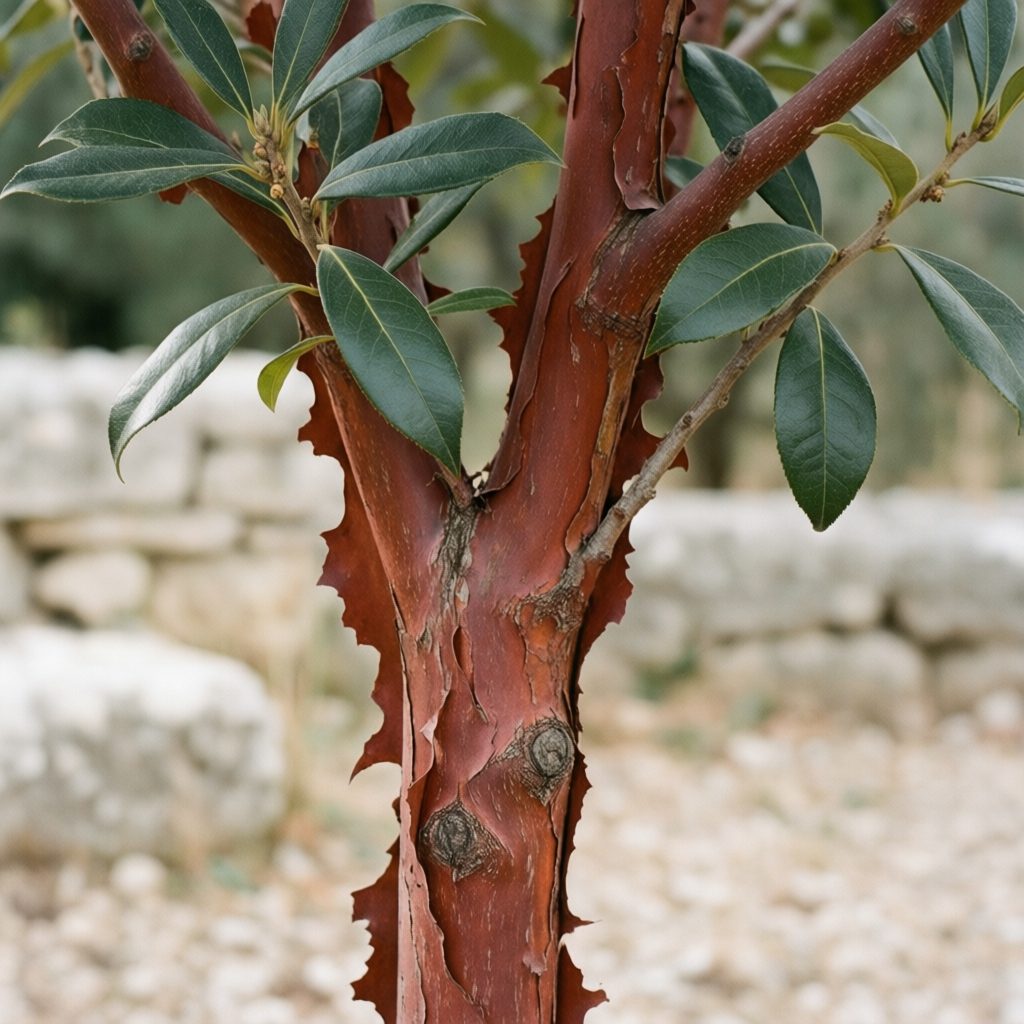 Écorce rousse et feuillage luisant d’un arbousier
