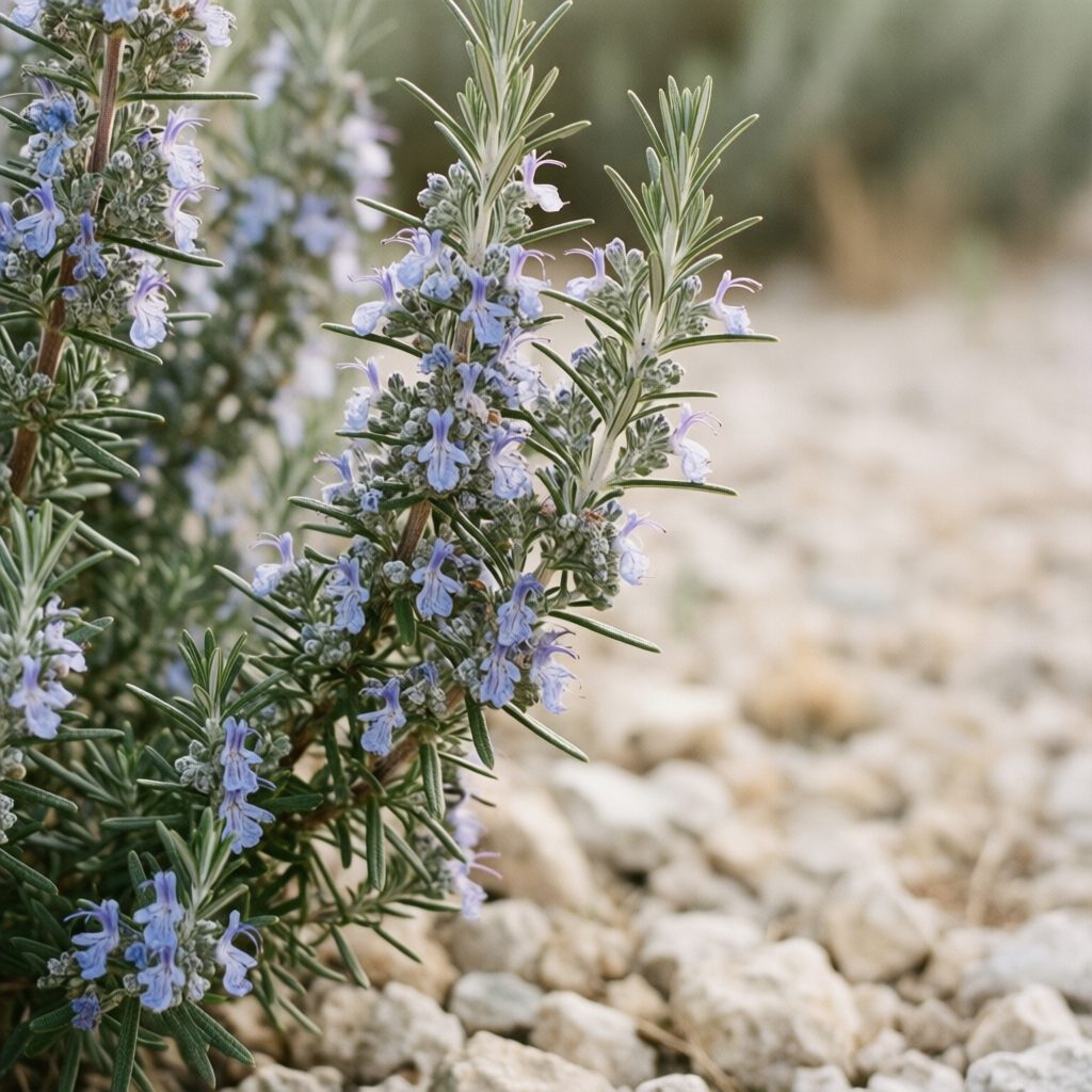Romarin en fleur, feuillage dense et aiguilles fines